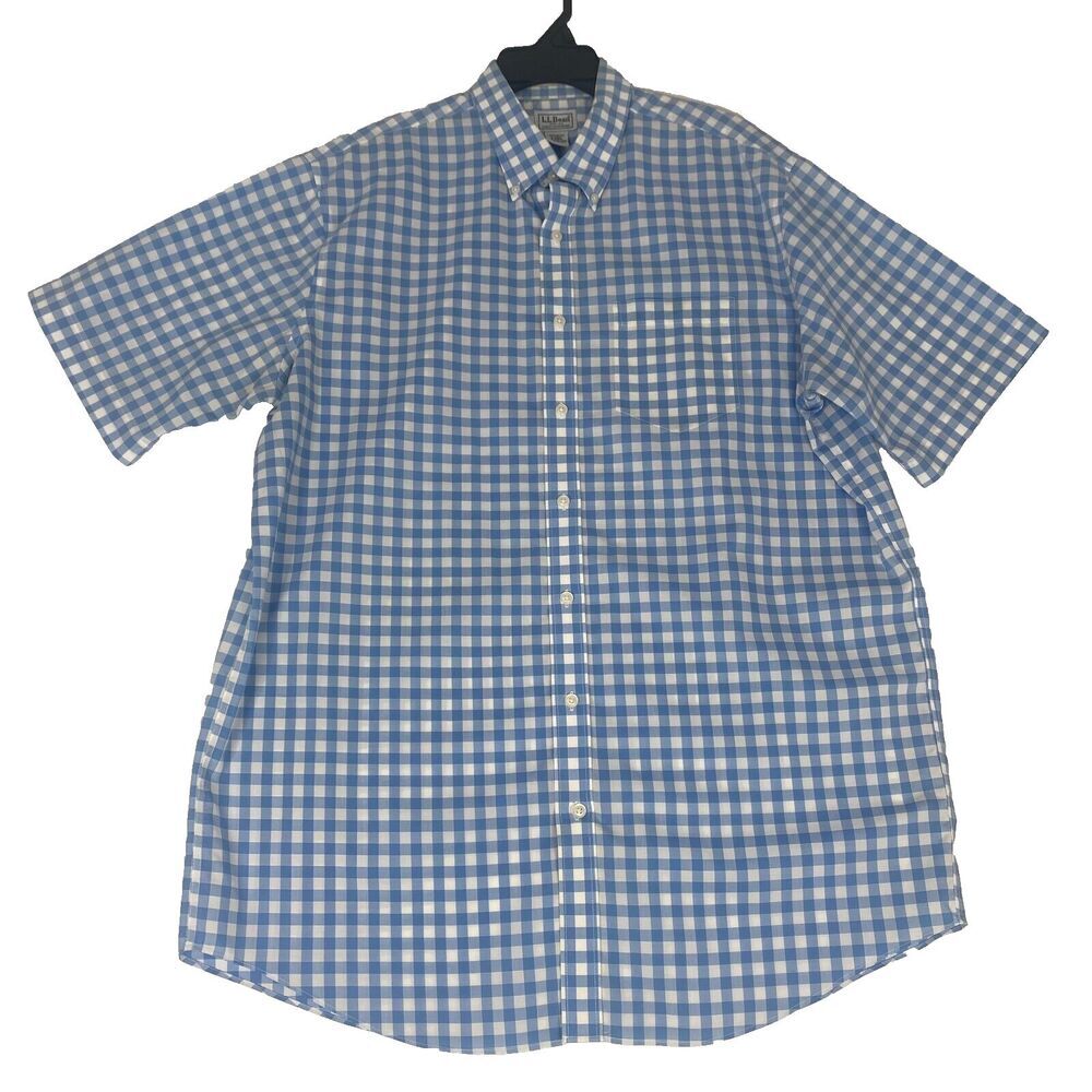 LL Bean Button Up Shirt Mens Size L‎ Tall Blue Striped Short Sleeve 100% Cotton